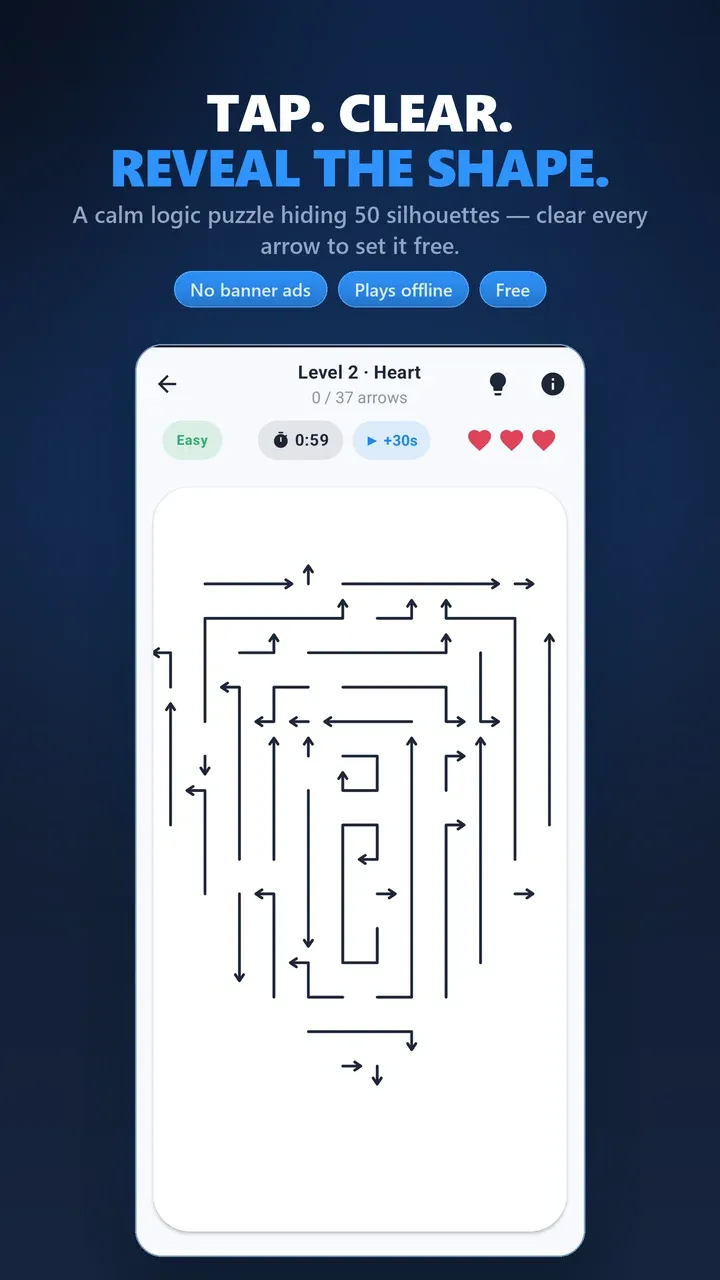 Tap, clear, reveal the shape: a heart level