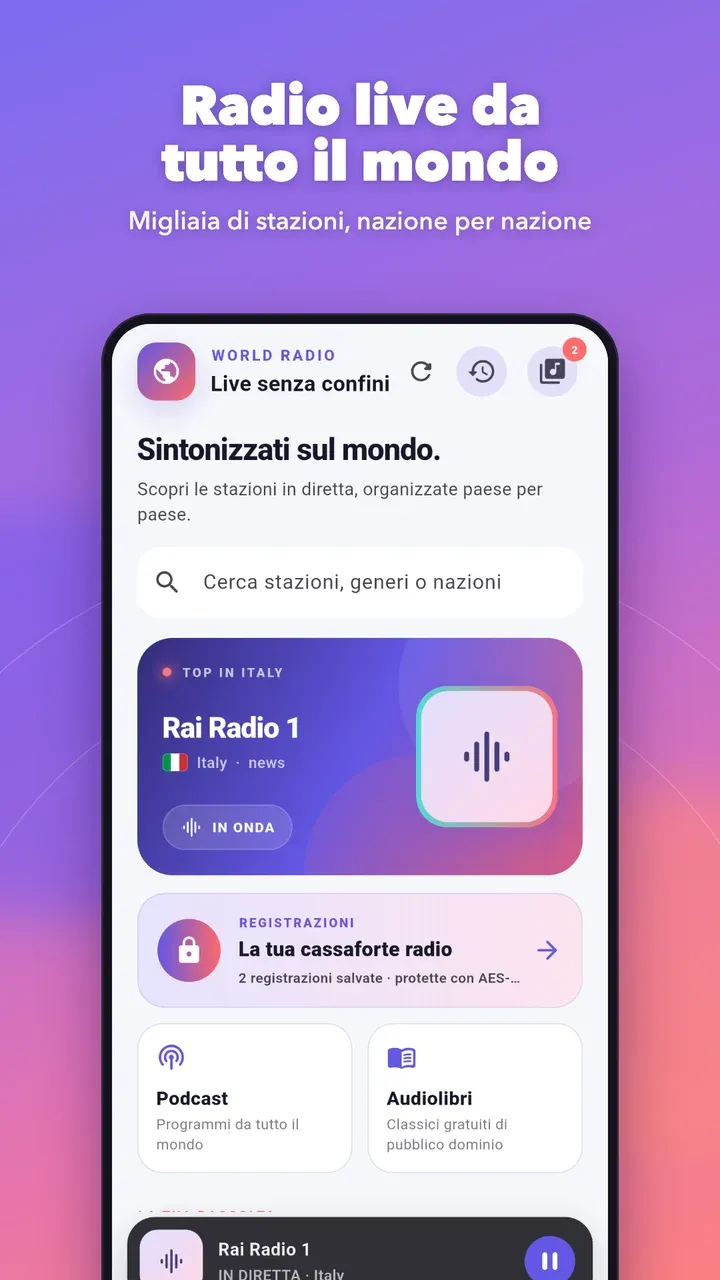 Home di World Radio con le stazioni in evidenza